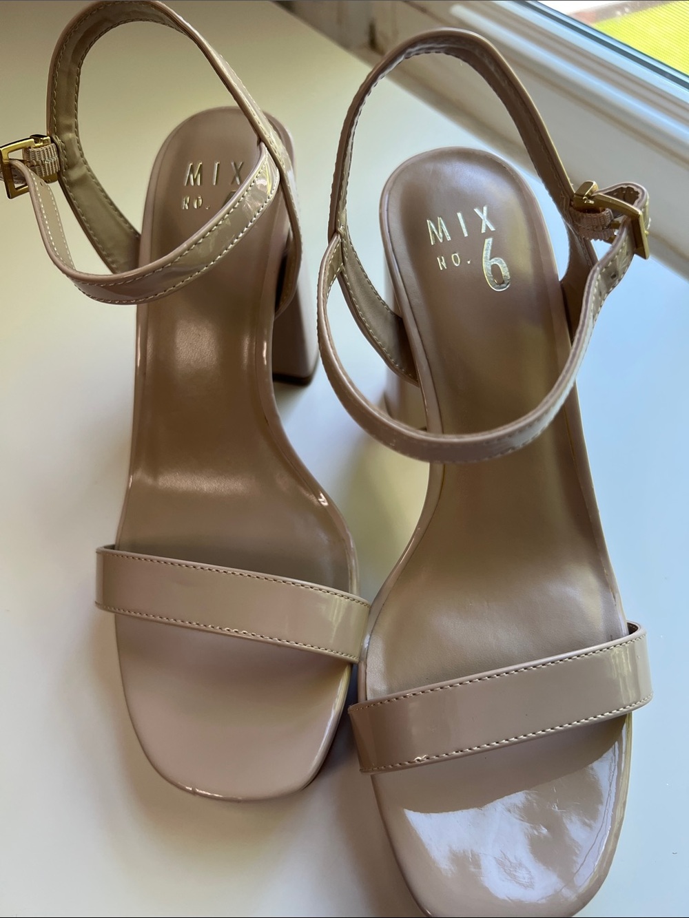 Mix No. 6 Sundra Patent Block Heel Sandals Moonlight Beige 8W
